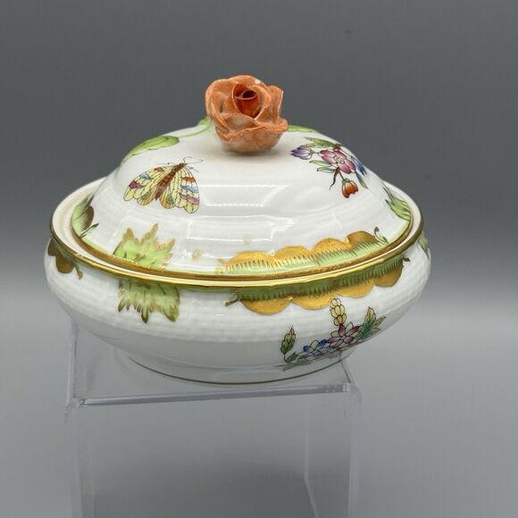 Vtg Herend Queen Victoria Porcelain Rd Box & Lid Trinket Dish with Rose Finial - Picture 12 of 14